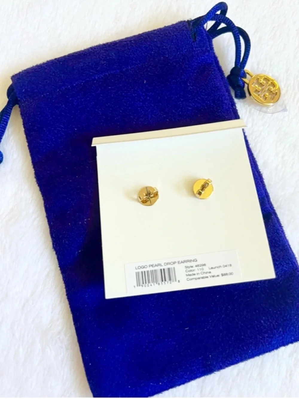 Tory Burch Gold-Tone Logo Drop Earrings with Cream Pearls